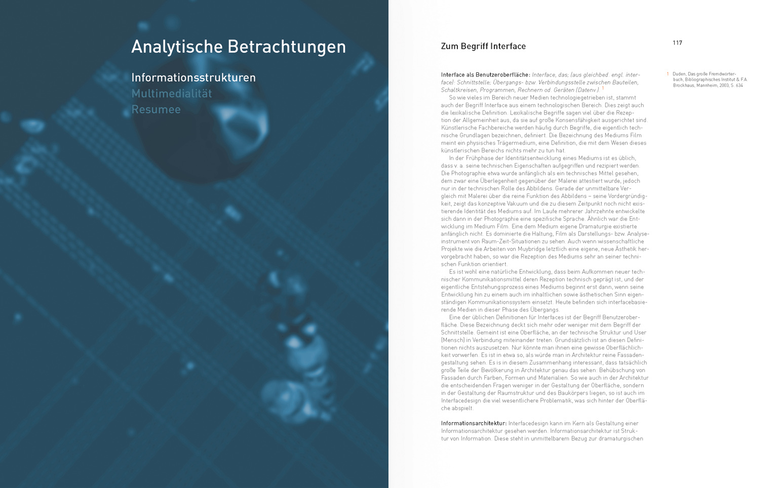 Buch "Science / Culture : Multimedia" – Titelseite Kapitel "Analytische Betrachtungen", Unterkapitel "Informationsstrukturen"