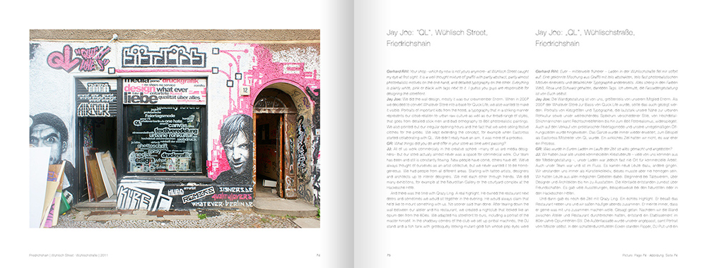 Gerhard Rihl: Buch "Berlin Store Fronts" – Doppelseite Bildteil und Interview, Kapitel "Friedrichshain"